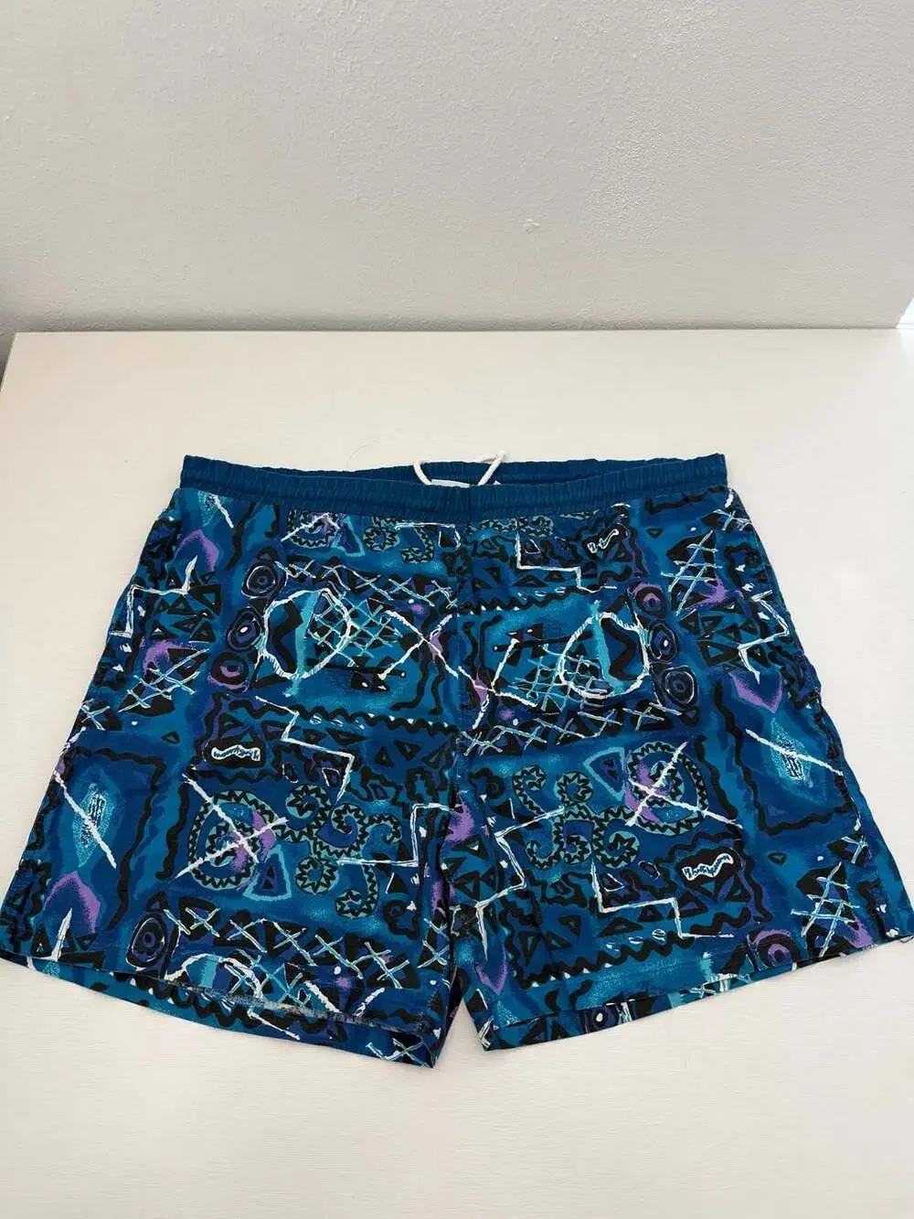Vintage 90s Abstract Geometric Print Swim Trunks by Basic Editions Large
